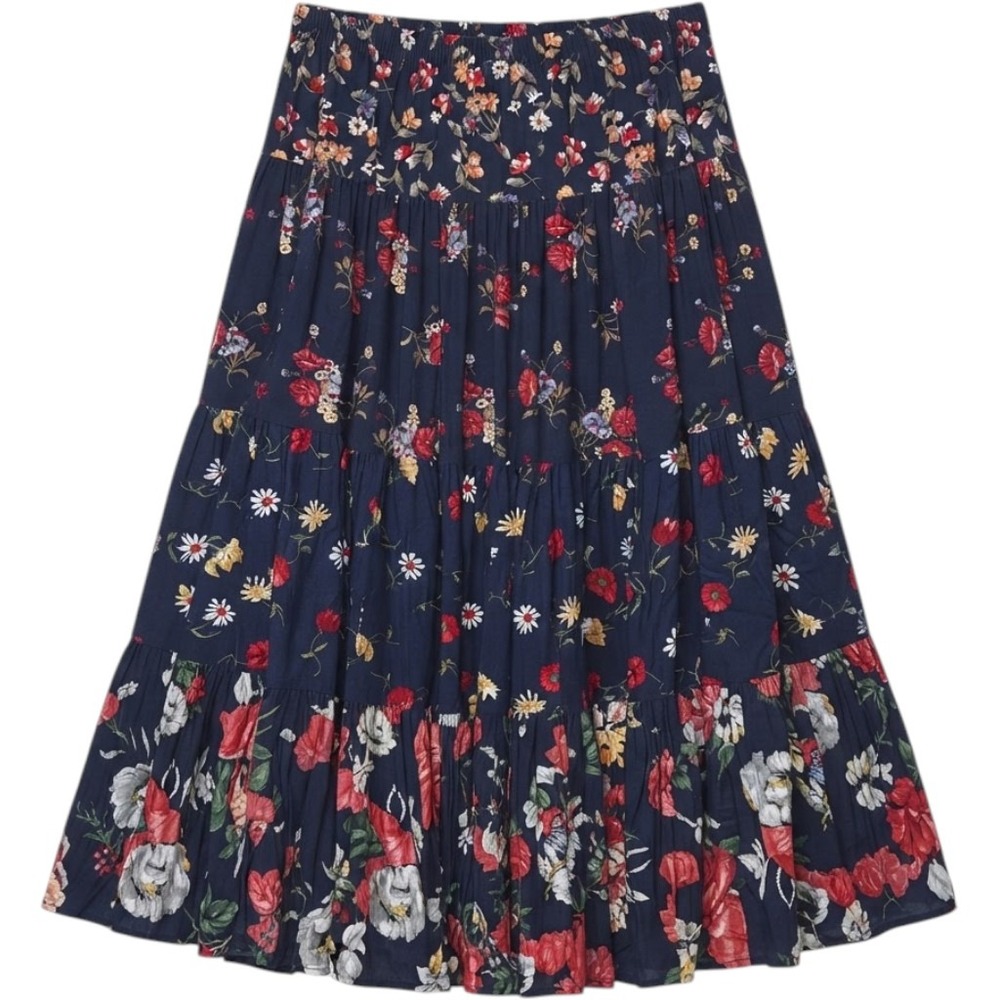 Prairie Fire Sun Valley Idaho Navy Floral Tiered Maxi Skirt One Size Fits All